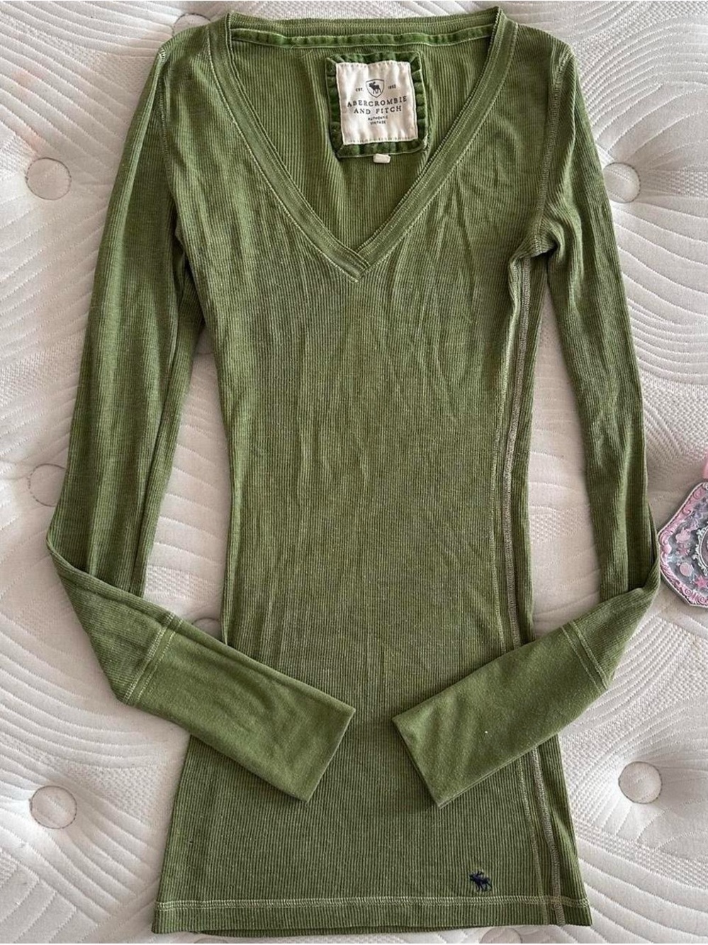 Abercrombie & Fitch Olive Ribbed V-Neck Long Sleeve Top